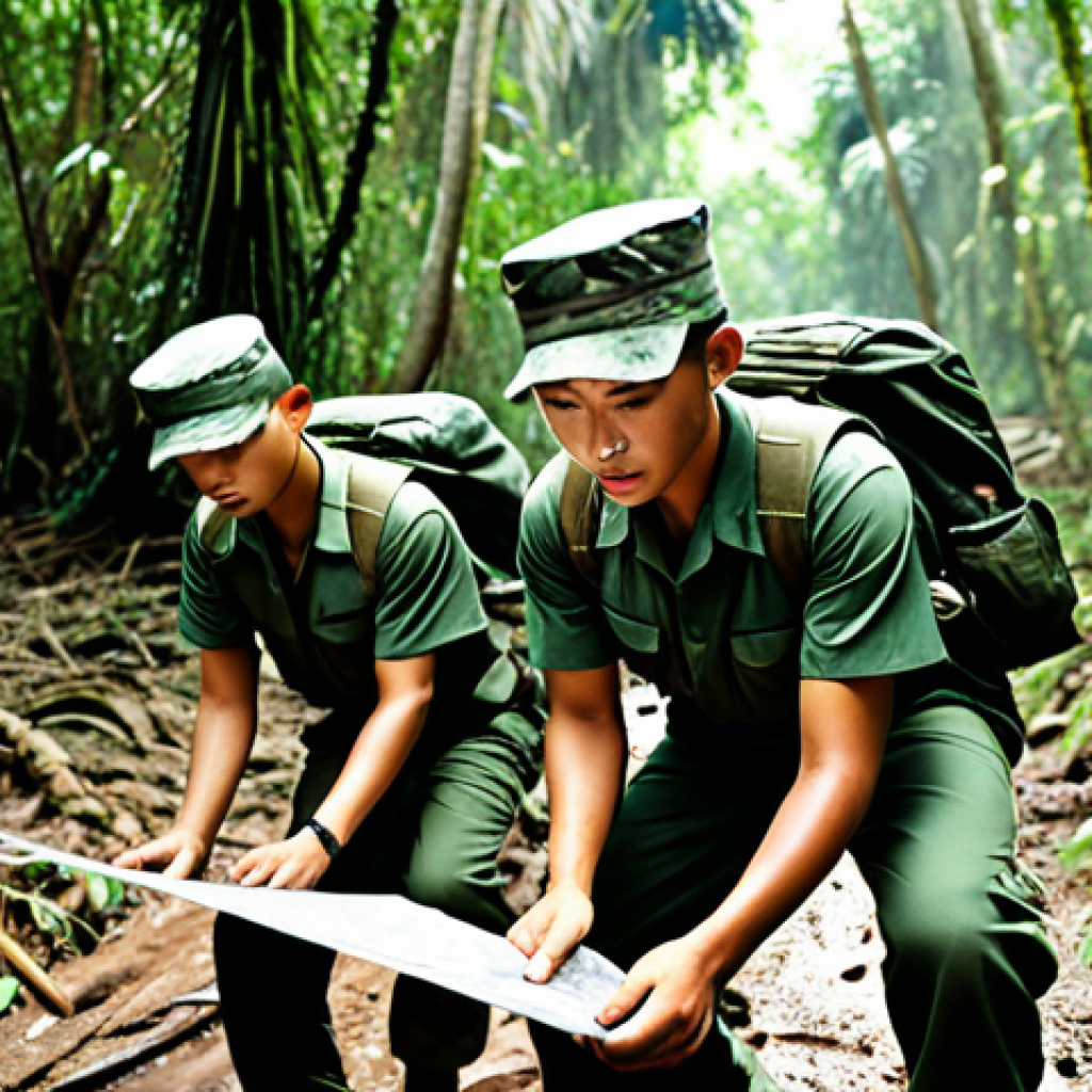 **Image:** A group of Malaysian military recruits navigating through a dense jungle, using maps and compasses, showcasing teamwork and determination amidst challenging terrain. Focus on realistic details like sweat, muddy uniforms, and dense foliage.