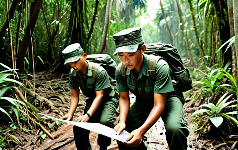 **Image:** A group of Malaysian military recruits navigating through a dense jungle, using maps and compasses, showcasing teamwork and determination amidst challenging terrain. Focus on realistic details like sweat, muddy uniforms, and dense foliage.