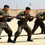 **

A realistic action shot of soldiers intensely training with bayonets. Focus on the dynamic poses showing correct stance and grip techniques. Background should feature a training ground setting with other soldiers and instructors observing. Emphasize discipline and physical exertion.

**