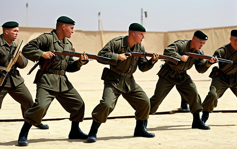 **
A realistic action shot of soldiers intensely training with bayonets. Focus on the dynamic poses showing correct stance and grip techniques. Background should feature a training ground setting with other soldiers and instructors observing. Emphasize discipline and physical exertion.
**
