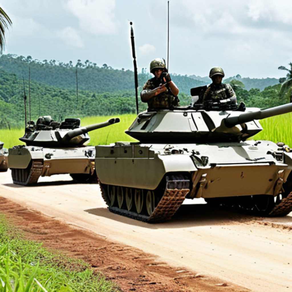 **A Malaysian Army armored unit during a joint training exercise in a tropical environment. Focus on the tanks coordinating with infantry and air support. Include elements of Malaysian landscape in the background.** (This prompt aims for a dynamic scene showcasing the cooperation of armored units with other military branches in a familiar local setting).