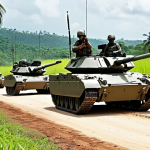 **A Malaysian Army armored unit during a joint training exercise in a tropical environment. Focus on the tanks coordinating with infantry and air support. Include elements of Malaysian landscape in the background.** (This prompt aims for a dynamic scene showcasing the cooperation of armored units with other military branches in a familiar local setting).