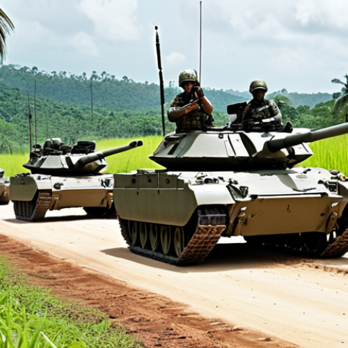 **A Malaysian Army armored unit during a joint training exercise in a tropical environment. Focus on the tanks coordinating with infantry and air support. Include elements of Malaysian landscape in the background.** (This prompt aims for a dynamic scene showcasing the cooperation of armored units with other military branches in a familiar local setting).