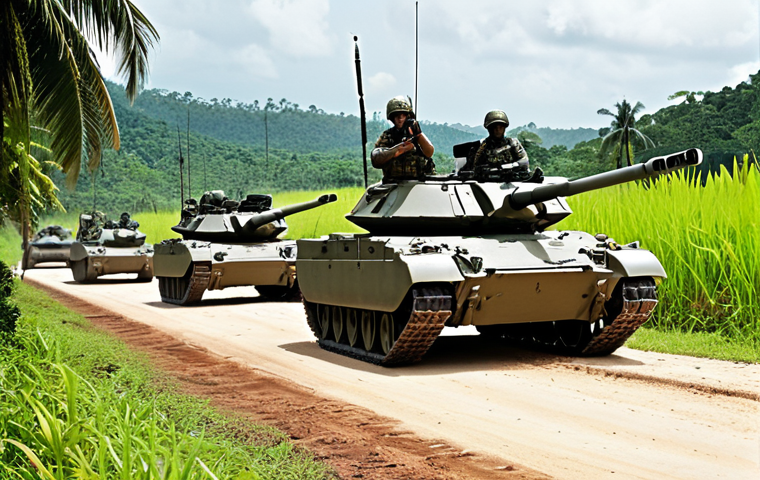 **A Malaysian Army armored unit during a joint training exercise in a tropical environment. Focus on the tanks coordinating with infantry and air support. Include elements of Malaysian landscape in the background.** (This prompt aims for a dynamic scene showcasing the cooperation of armored units with other military branches in a familiar local setting).