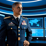 A professional male military legal expert in a modern, impeccably tailored uniform, standing confidently in a futuristic military command center. The background features sleek, curved digital screens displaying abstract cyber security data and advanced legal frameworks. The atmosphere is sophisticated and high-tech, with ambient blue lighting. fully clothed, modest clothing, appropriate attire, professional dress, safe for work, appropriate content, professional, perfect anatomy, correct proportions, natural pose, well-formed hands, proper finger count, natural body proportions, high-resolution, sharp focus, professional photography, realistic rendering, intricate details.