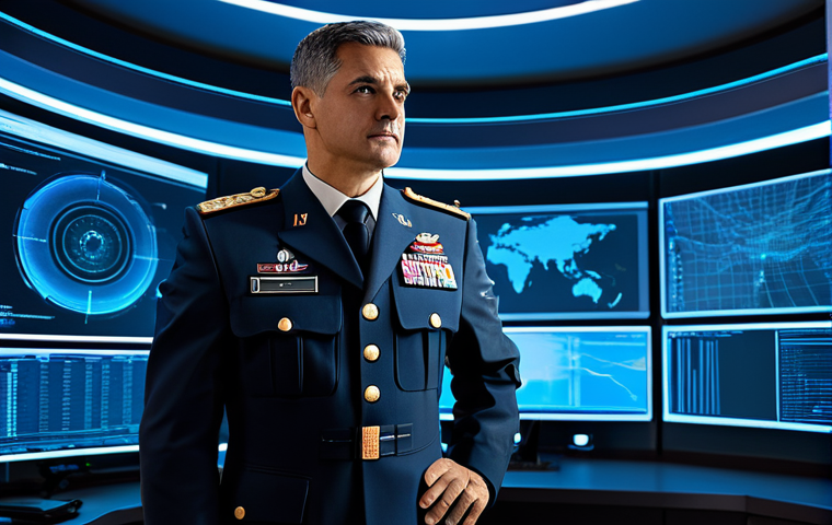 A professional male military legal expert in a modern, impeccably tailored uniform, standing confidently in a futuristic military command center. The background features sleek, curved digital screens displaying abstract cyber security data and advanced legal frameworks. The atmosphere is sophisticated and high-tech, with ambient blue lighting. fully clothed, modest clothing, appropriate attire, professional dress, safe for work, appropriate content, professional, perfect anatomy, correct proportions, natural pose, well-formed hands, proper finger count, natural body proportions, high-resolution, sharp focus, professional photography, realistic rendering, intricate details.