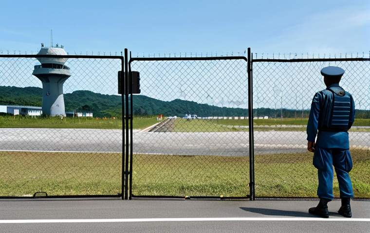 **

A Malaysian air force base perimeter.  Multiple layers of fencing and a visible buffer zone are in place. A guard tower with visible surveillance equipment stands watch.  Inside the base, fighter jets are parked on the tarmac.  The scene is during daylight, with clear skies. Fully clothed security personnel are patrolling the perimeter.  Safe for work, appropriate content, professional, family-friendly, perfect anatomy, correct proportions, natural pose, well-formed hands, proper finger count, natural body proportions. High-quality rendering, realistic.

**