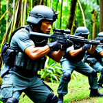 Modern Malaysian Special Forces Training**

"A fully clothed Malaysian Army Special Forces team engaging in realistic combat training within a jungle environment, utilizing advanced tactical gear and communication equipment, appropriate attire, safe for work, perfect anatomy, correct proportions, natural pose, professional, high-resolution, photograph, well-formed hands, proper finger count, natural body proportions, modest clothing."

**