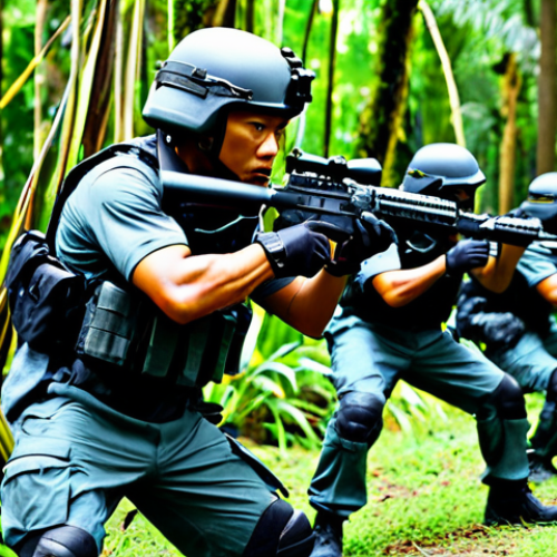 Home 21 Modern Malaysian Special Forces Training**
"A fully clothed Malaysian Army Special Forces team engaging in realistic combat training within a jungle environment, utilizing advanced tactical gear and communication equipment, appropriate attire, safe for work, perfect anatomy, correct proportions, natural pose, professional, high-resolution, photograph, well-formed hands, proper finger count, natural body proportions, modest clothing."
**